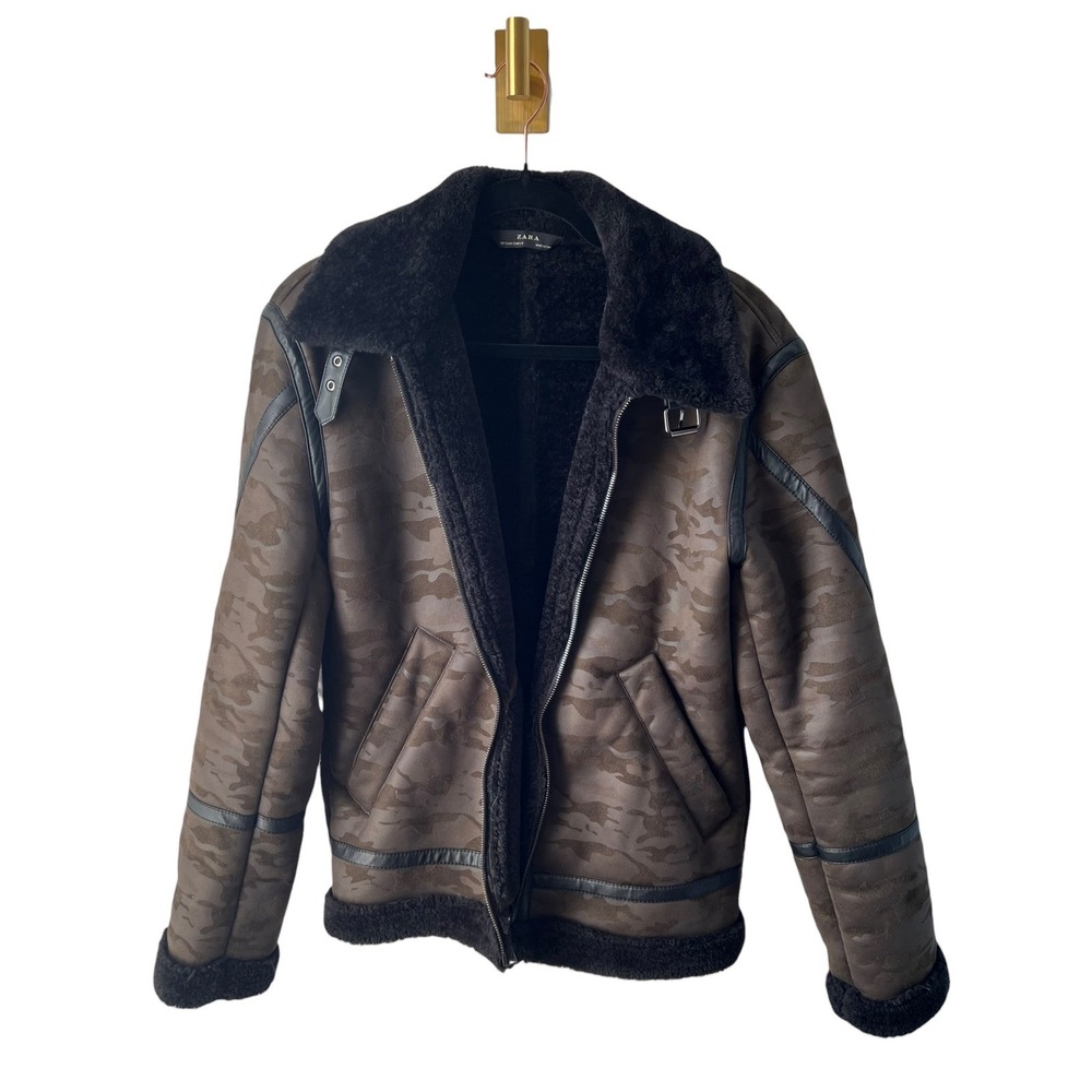 Zara Aviator Jacket Camo Faux Shearling Lined Biker Pilot Brown Mens Size S